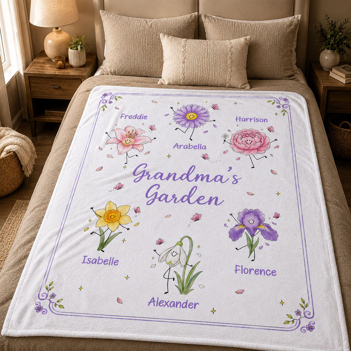 Grandma's Garden Cute Doodle Birth Month Flowers - Personalized Fleece Blanket - Gift For Grandma