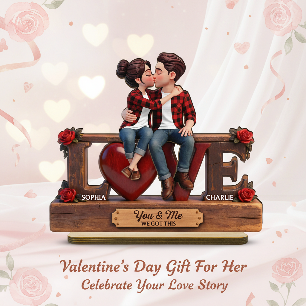 Eternal Rose LOVE Couple Forever Together - Personalized 2-Layered Wooden Plaque - Heartfelt Gift For Couple, For Him, For Her