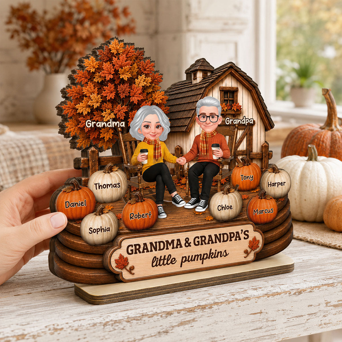 Fall Season Cozy Warm Farmhouse Style Grandma Grandpa Little Pumpkins - Personalized 2-Layered Wooden Plaque - Fall Decor For Grandparents
