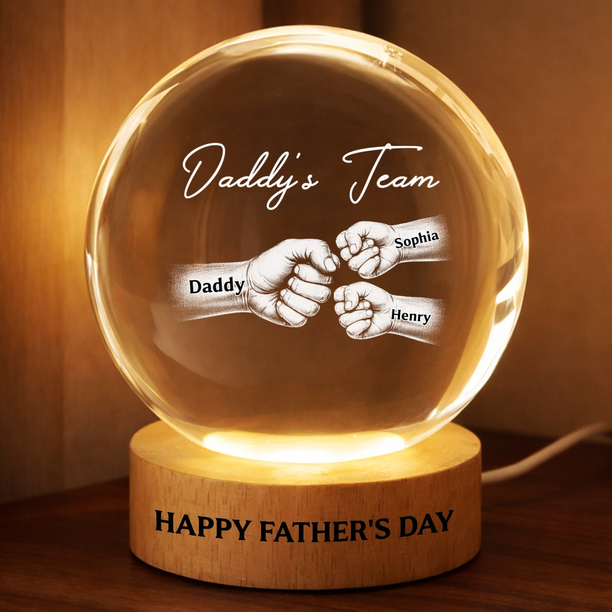 Daddy's Team Fist Bump - Personalized Crystal Ball LED Night Light -  Gift For Dad, Husband