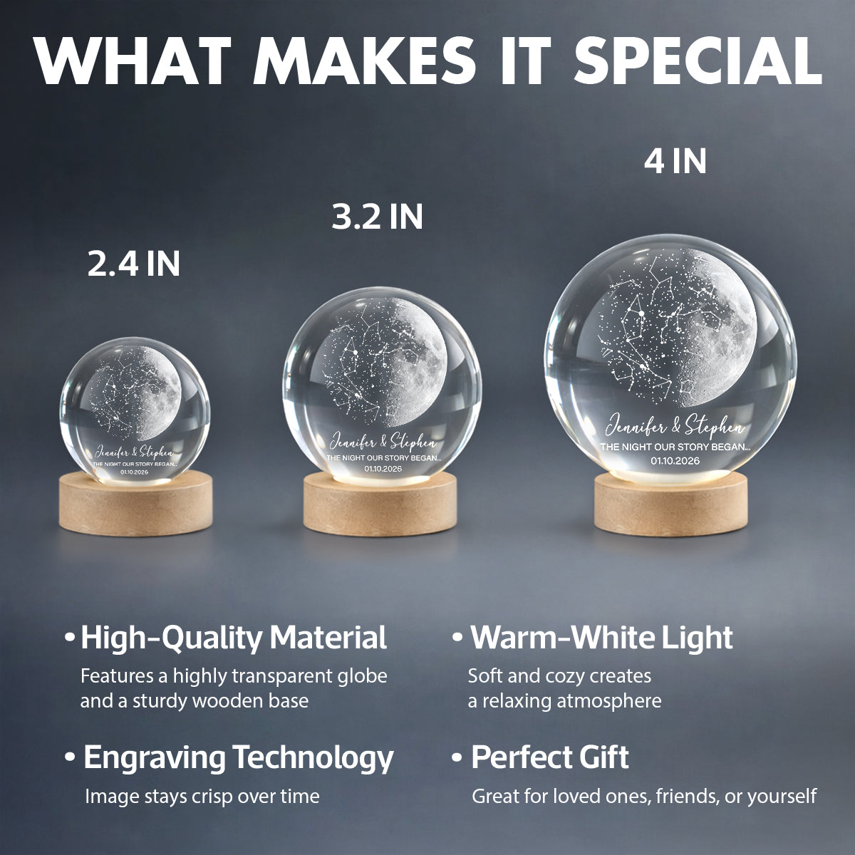 Custom Moon Phase & Star Map by Date - Personalized Crystal Ball Night Light - Heartfelt Anniversary Gift, Valentine's Day Gift for Her, for Him