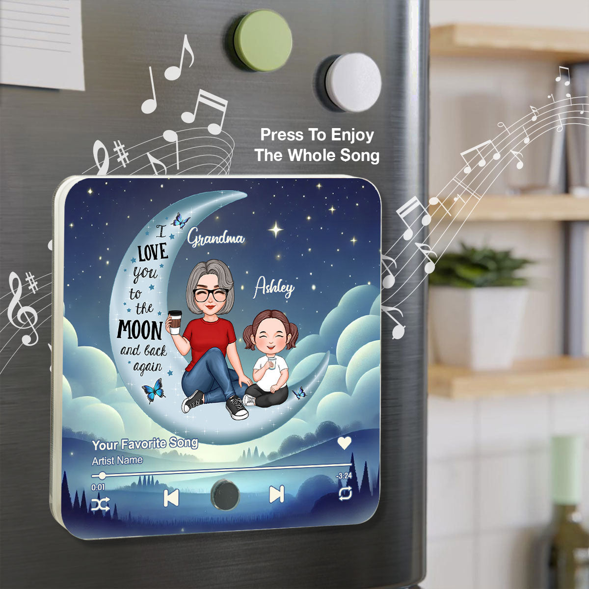 Cute Grandma Grandkids On Moon Personalized Music Fridge Magnet, Heartfelt 2025 Gift Birthday Gift For Mom For Grandma
