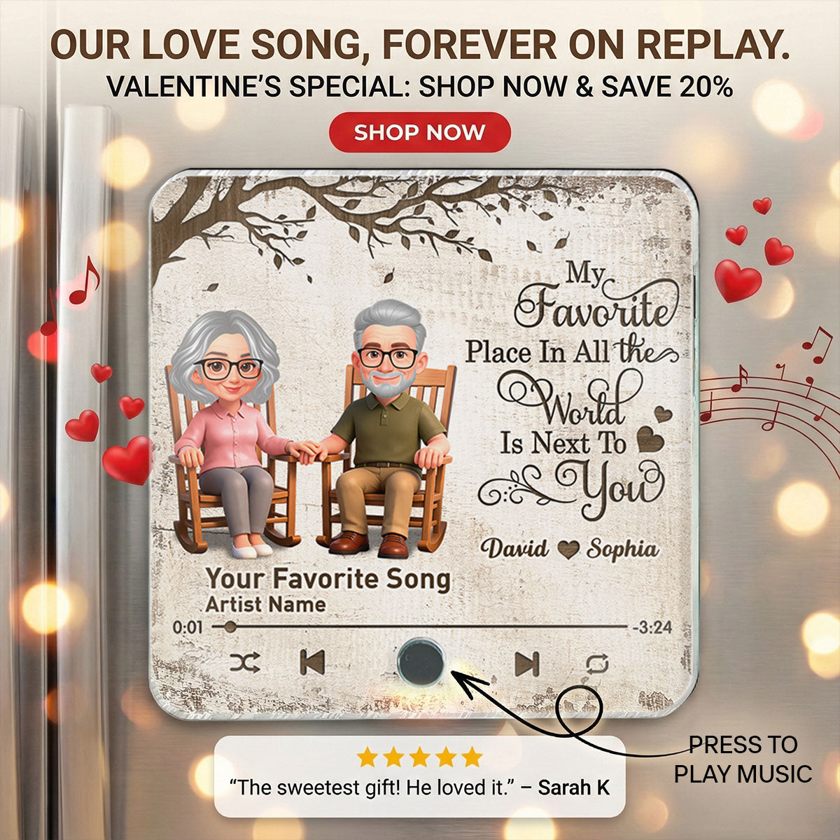 Old Couple On Rocking Chair Under Tree - Personalized Music Fridge Magnet - Anniversary Gift For Him, For Her