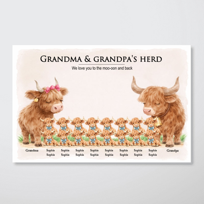 Grandma and Grandpa's Herd Highland Cow Family - Personalized Poster - Gift for Grandma, Grandpa