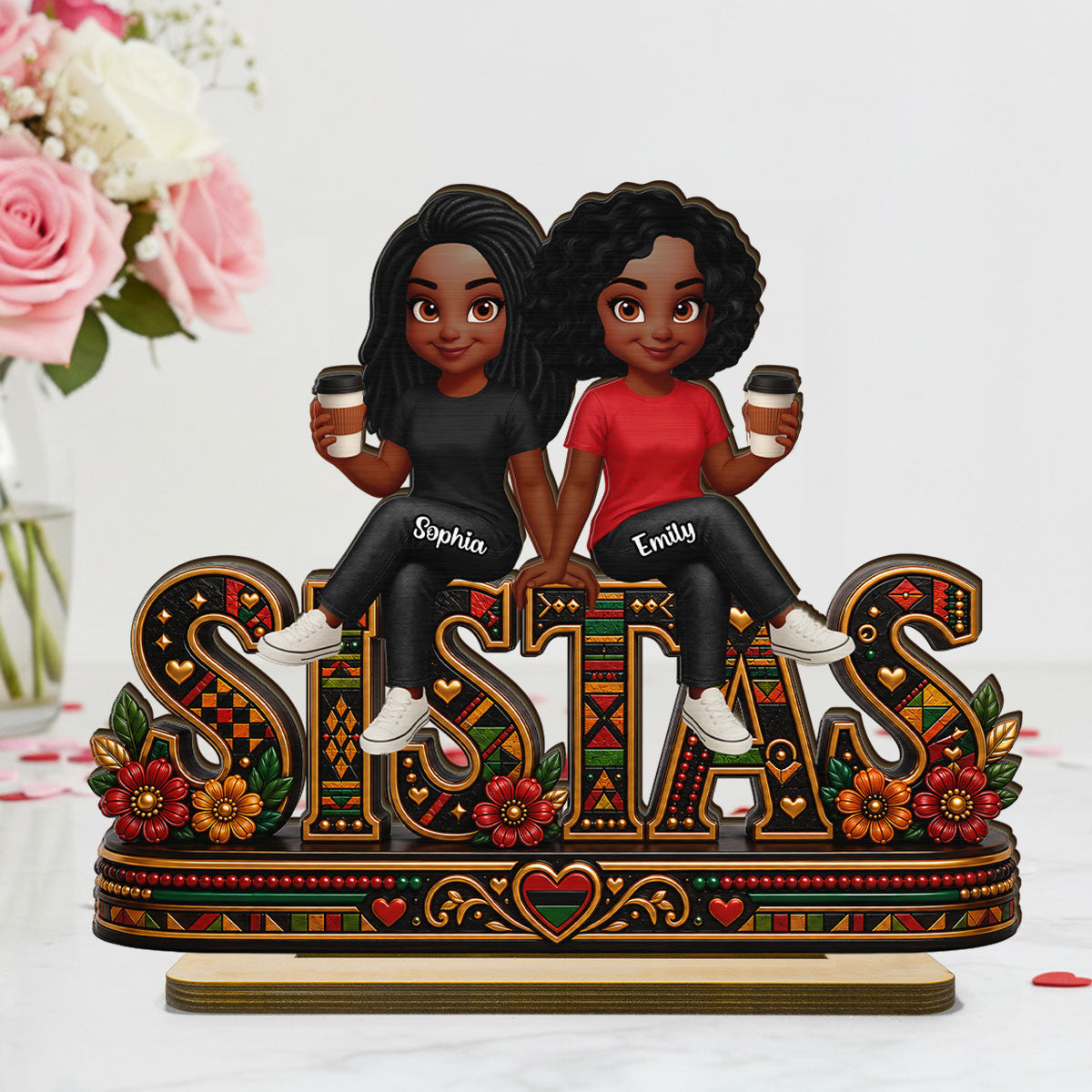 Tribal Patterned Besties Sisters Sistas Forever - Personalized 2-Layered Wooden Plaque - Birthday Gift, International Day of Friendship Gift For Best Friends