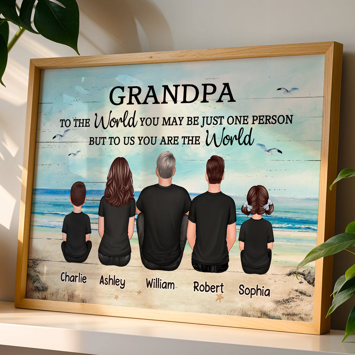Grandpa And Grandsons Granddaughters Retro Vintage Beach Landscape Personalized Poster| Heartfelt Father's Day Gift For Grandpa From Grandkids