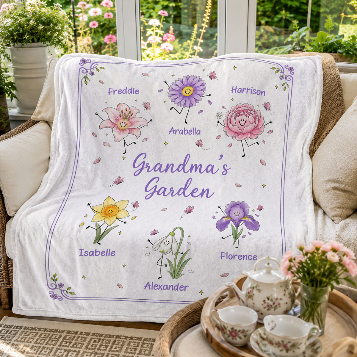 Grandma's Garden Cute Doodle Birth Month Flowers - Personalized Fleece Blanket - Gift For Grandma