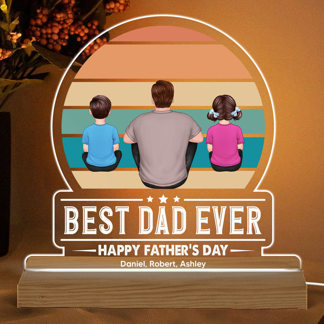 Best Dad Ever Retro Man Kids Dogs Cats Back View Personalized Warm Acrylic Custom Shape LED Night Light