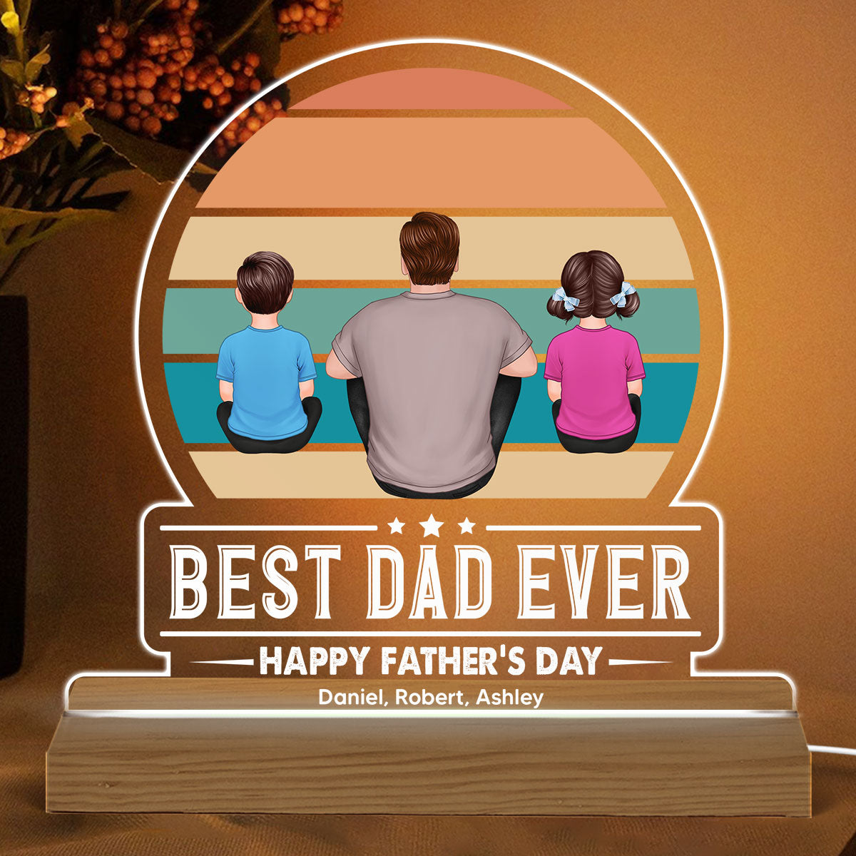 Best Dad Ever Retro Man Kids Dogs Cats Back View Personalized Warm Acrylic Custom Shape LED Night Light