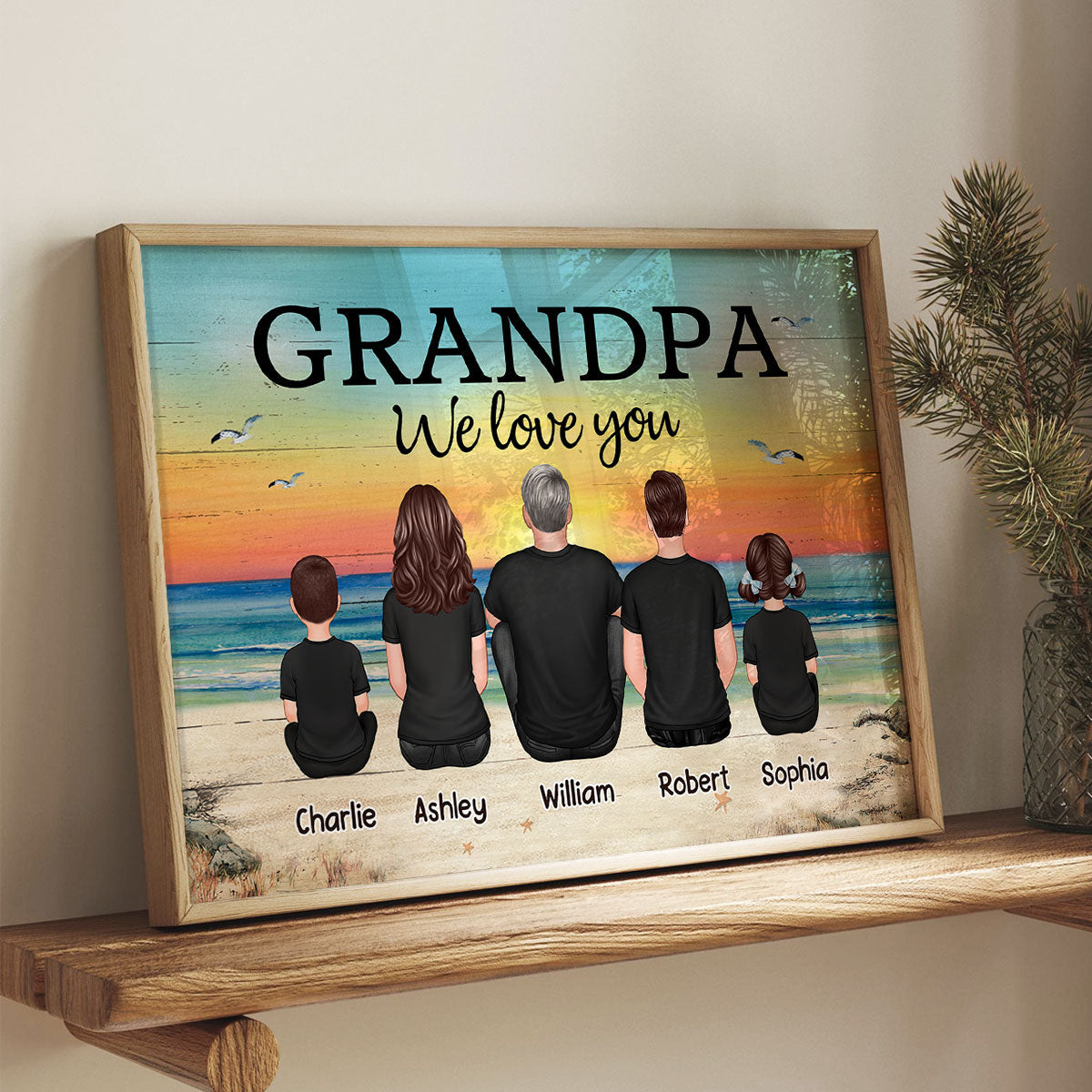 Grandpa And Grandsons Granddaughters Retro Vintage Beach Landscape Personalized Poster| Heartfelt Father's Day Gift For Grandpa From Grandkids