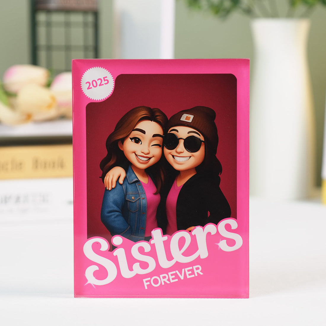 Besties Forever - Sisters Forever - Partner in crime Pink Action Figure 3D Effect, Personalized Acrylic Plaque, Meaningful Gift For Best Friend