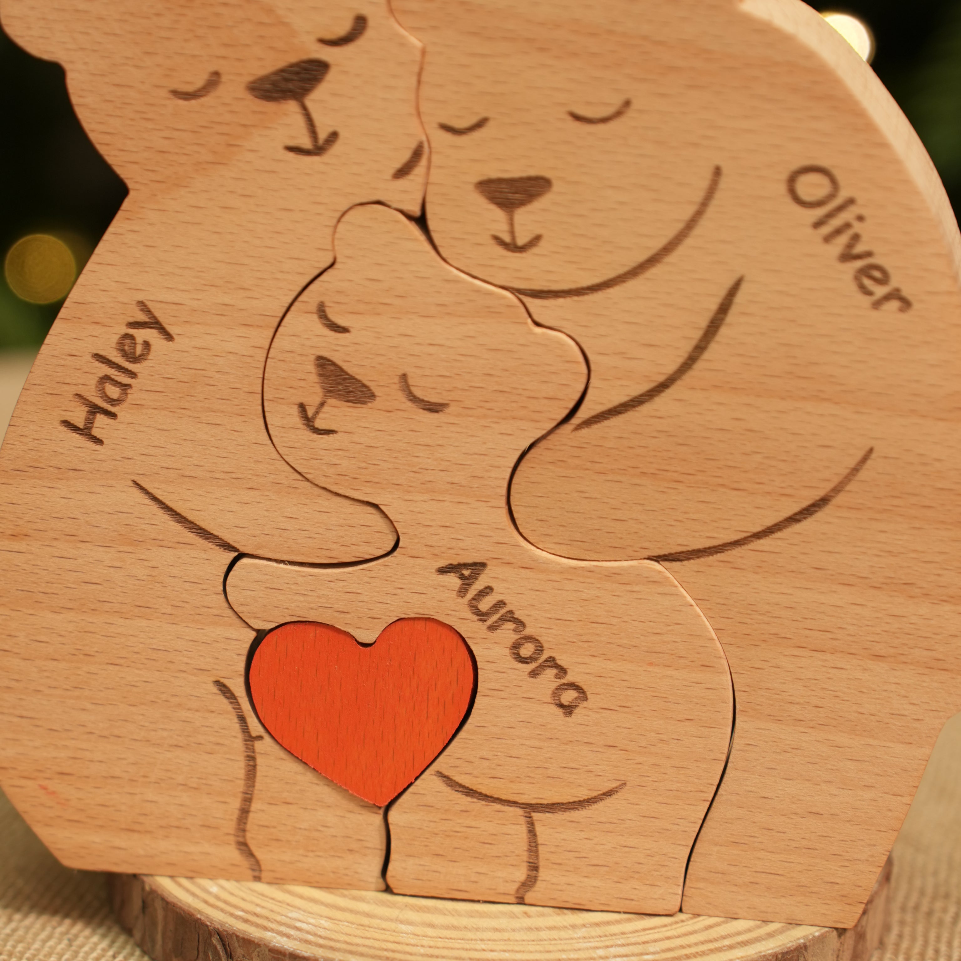 Family Personalized Custom Bear Shaped Wooden Art Puzzle - Wooden Bear Carvings, Carved Wood Decor - Gift For Family Members