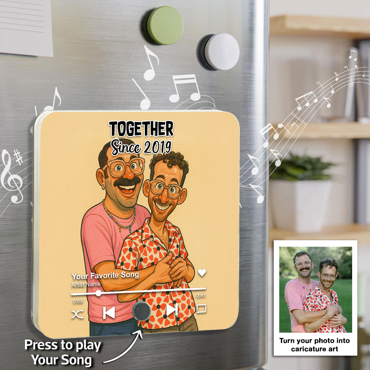 Caricature Couple Photo Personalized Music Fridge Magnet, Anniversary, Birthday, Just Because Gift for him, Gift for her