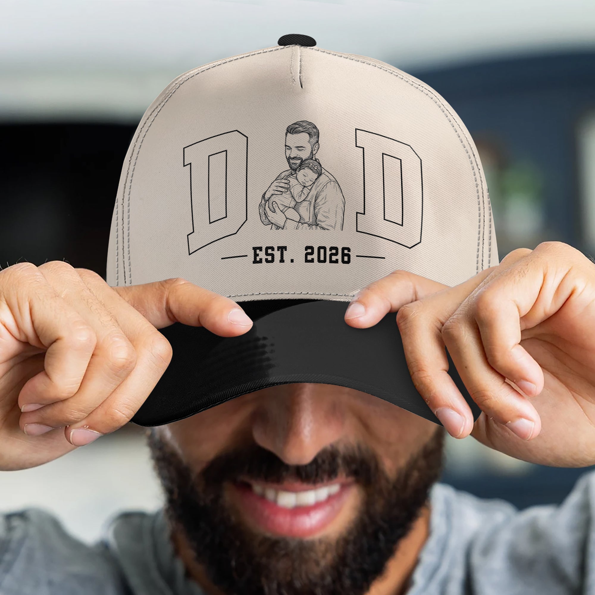 Dad Est Custom Photo Sketch Line Art Father's Day Gift For New Dad, Husband - Personalized Cap