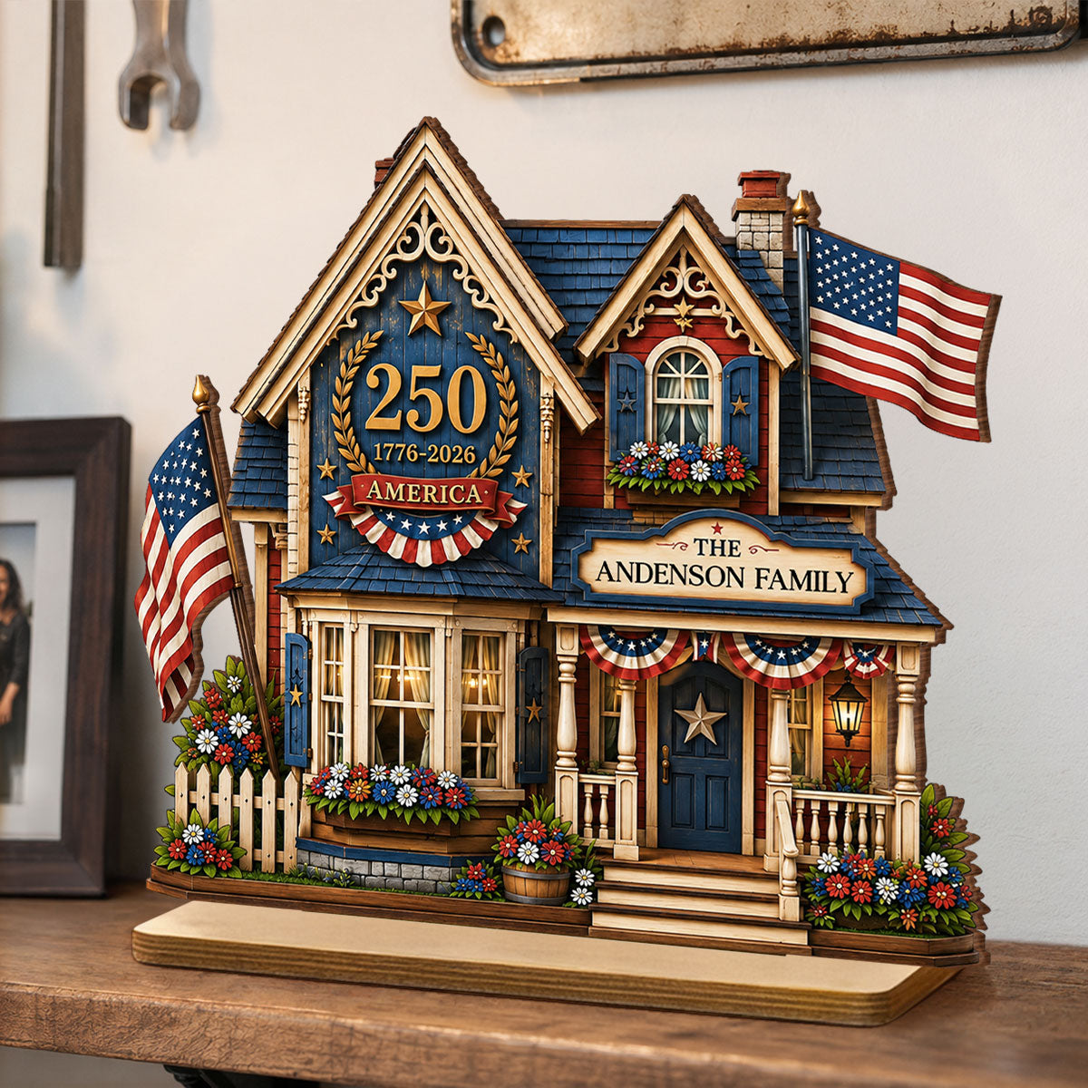 Custom House USA 250th Anniversary - Personalized 2-Layered Wooden Plaque - Patriotic Shelf Decor for Independence Day