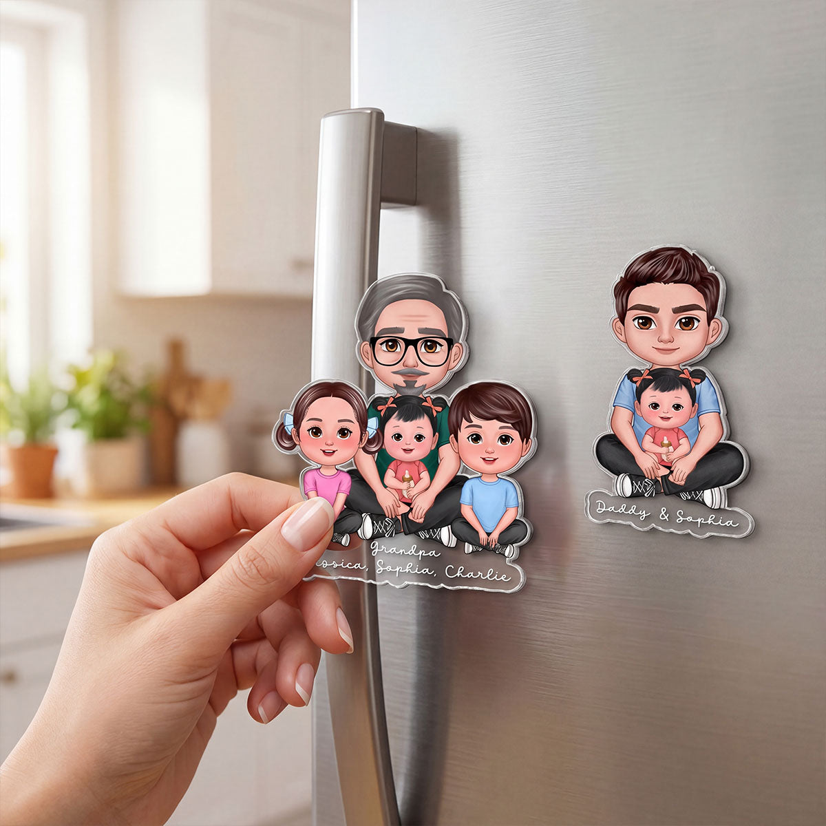 Forever Love Dad Grandpa Sitting With Kids - Personalized Acrylic Fridge Magnet - Father's Day Gift For Dad, Husband, Grandpa