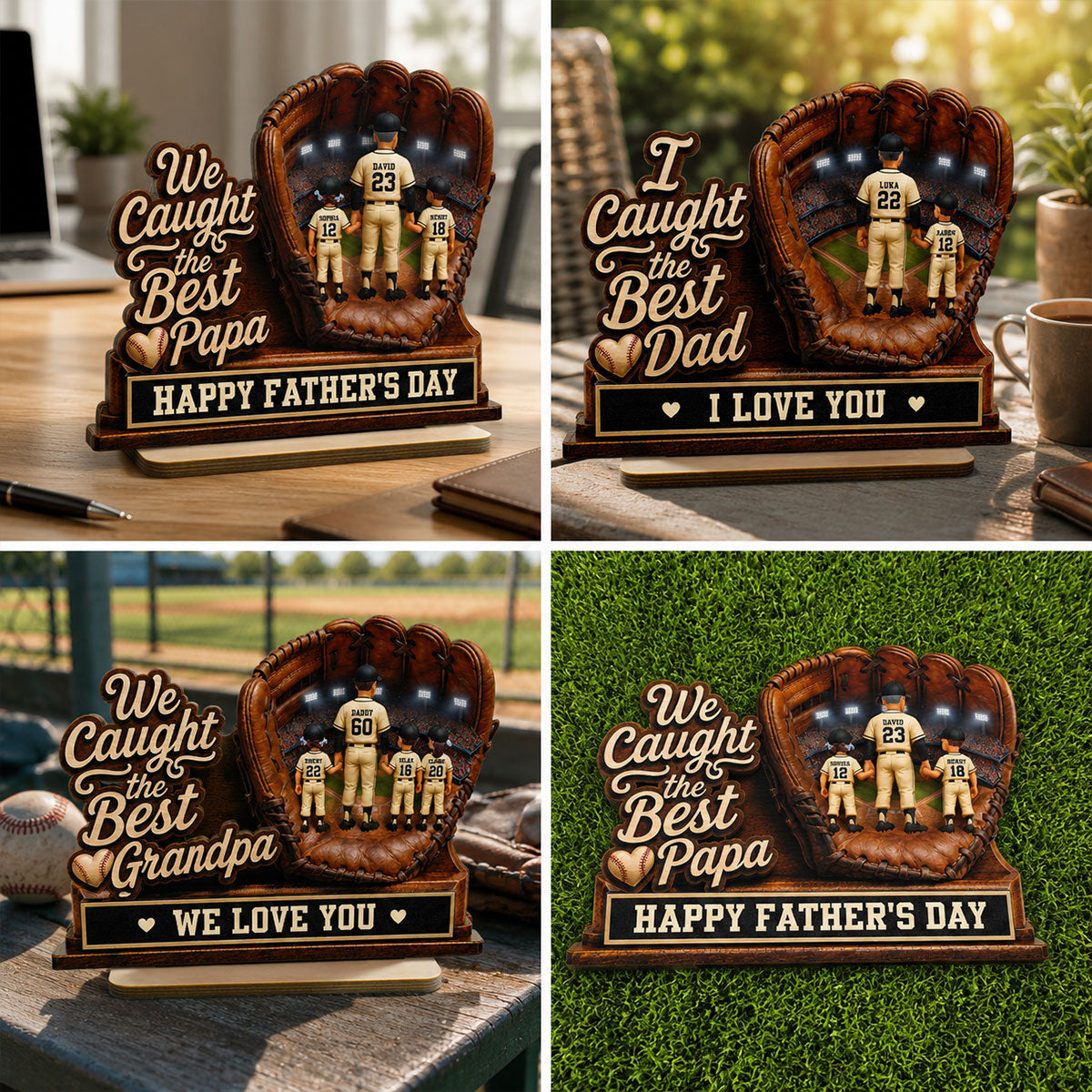 We Caught The Best Grandpa Man & Kids In Glove - Personalized 2-Layered Wooden Plaque - Happy  For Baseball Grandpa