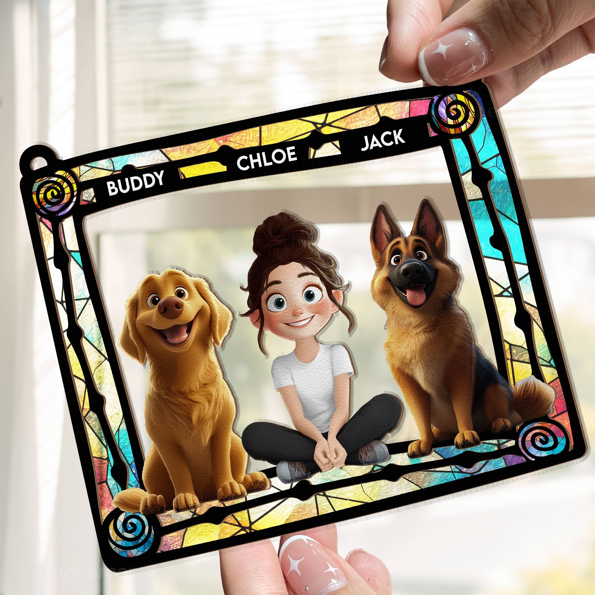 Dog Mom & Her Dogs - Personalized Window Hanging Suncatcher Ornament