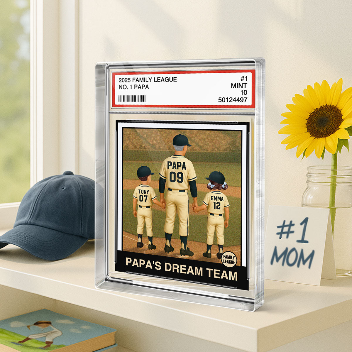 Baseball No. 1 Grandpa Man & Kids Trading Card Style Personalized Acrylic Block Plaque