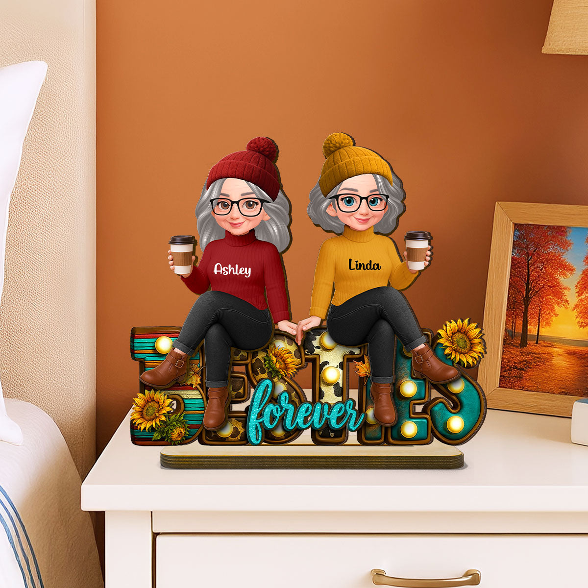 Western Fall Vibe Besties Sitting - Personalized 2-Layered Wooden Plaque - Meaningful Gift For Best Friend