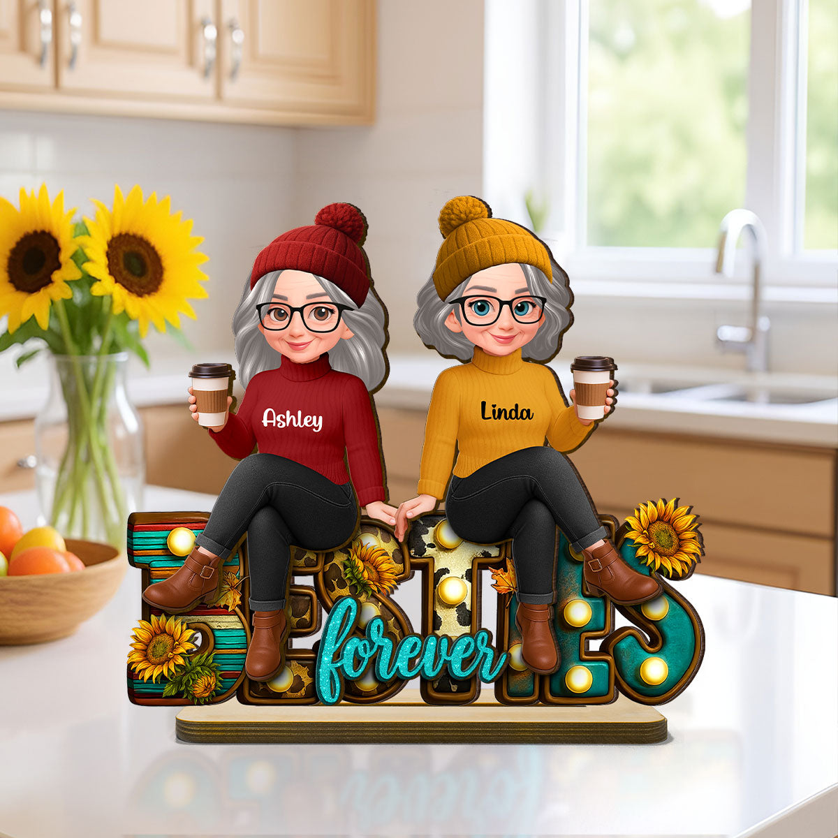 Western Fall Vibe Besties Sitting - Personalized 2-Layered Wooden Plaque - Meaningful Gift For Best Friend