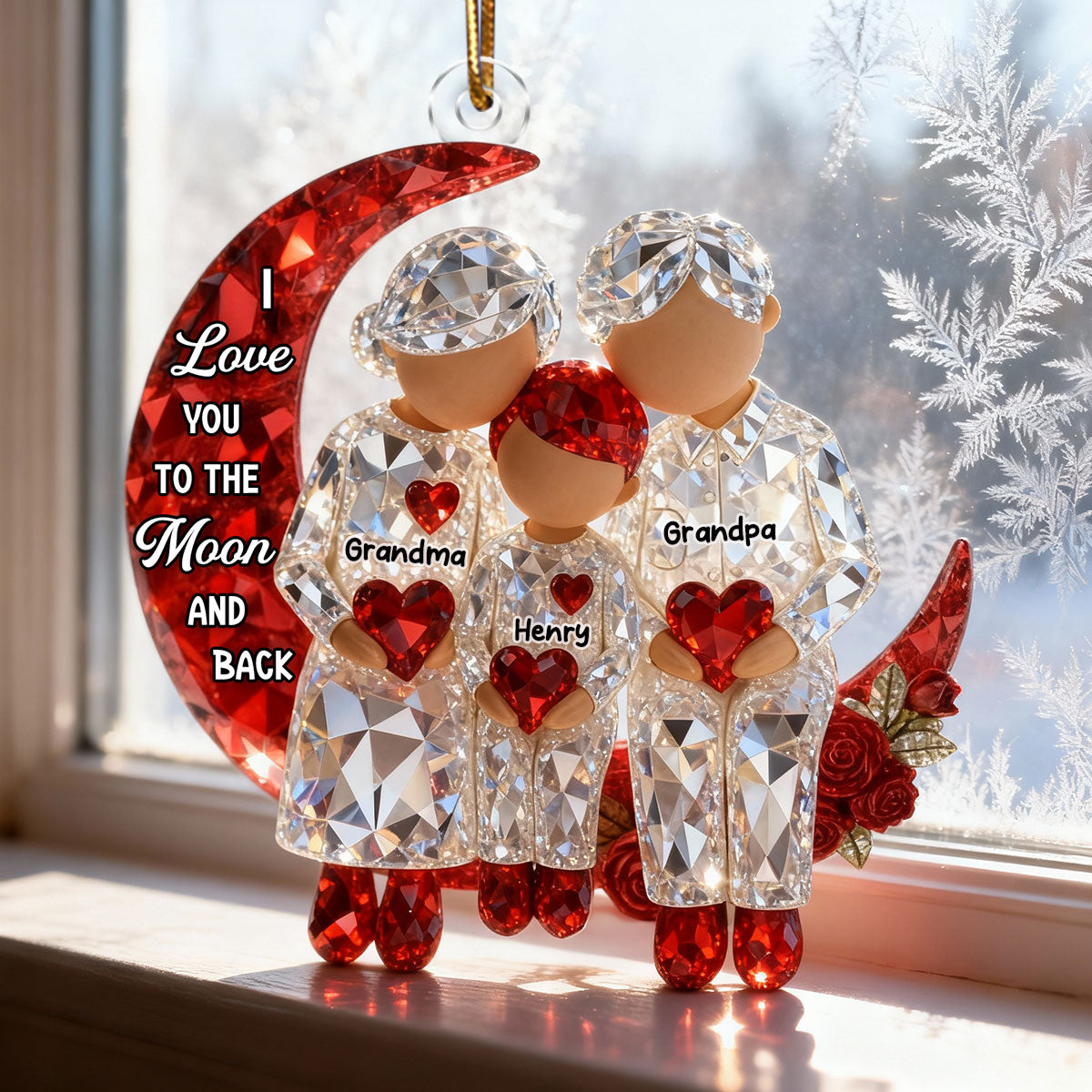 3D Crystal Effect Grandma Grandpa Grandkid Sitting on Moon  - Personalized Acrylic Ornament - Christmas Gift for Grandma, Grandkids
