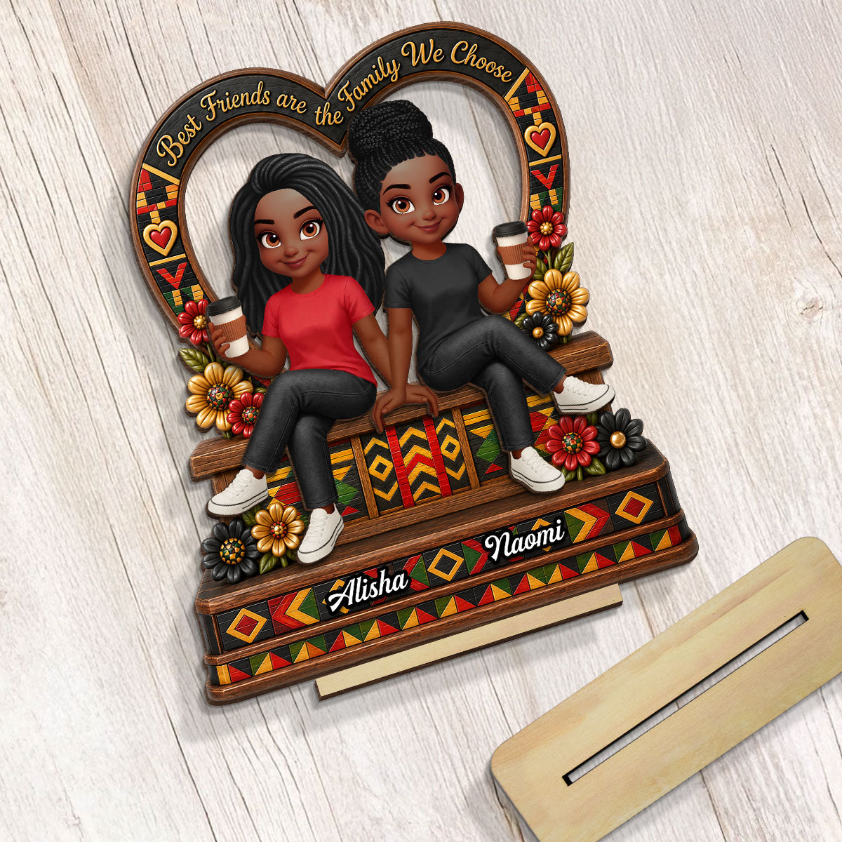 Tribal Pattern Besties Heart - Personalized 2-Layered Wooden Plaque - Birthday Gift, Gift For Best Friends
