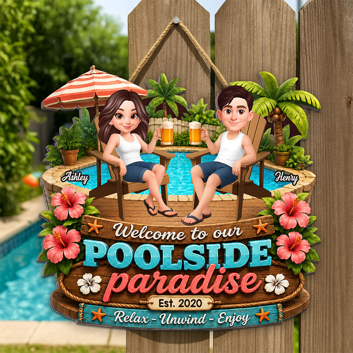 Summer Vibe Welcome To Our Poolside Paradise - Personalized Wood Sign - Gift For Couple, Summer Porch, Patio, Bar Decoration