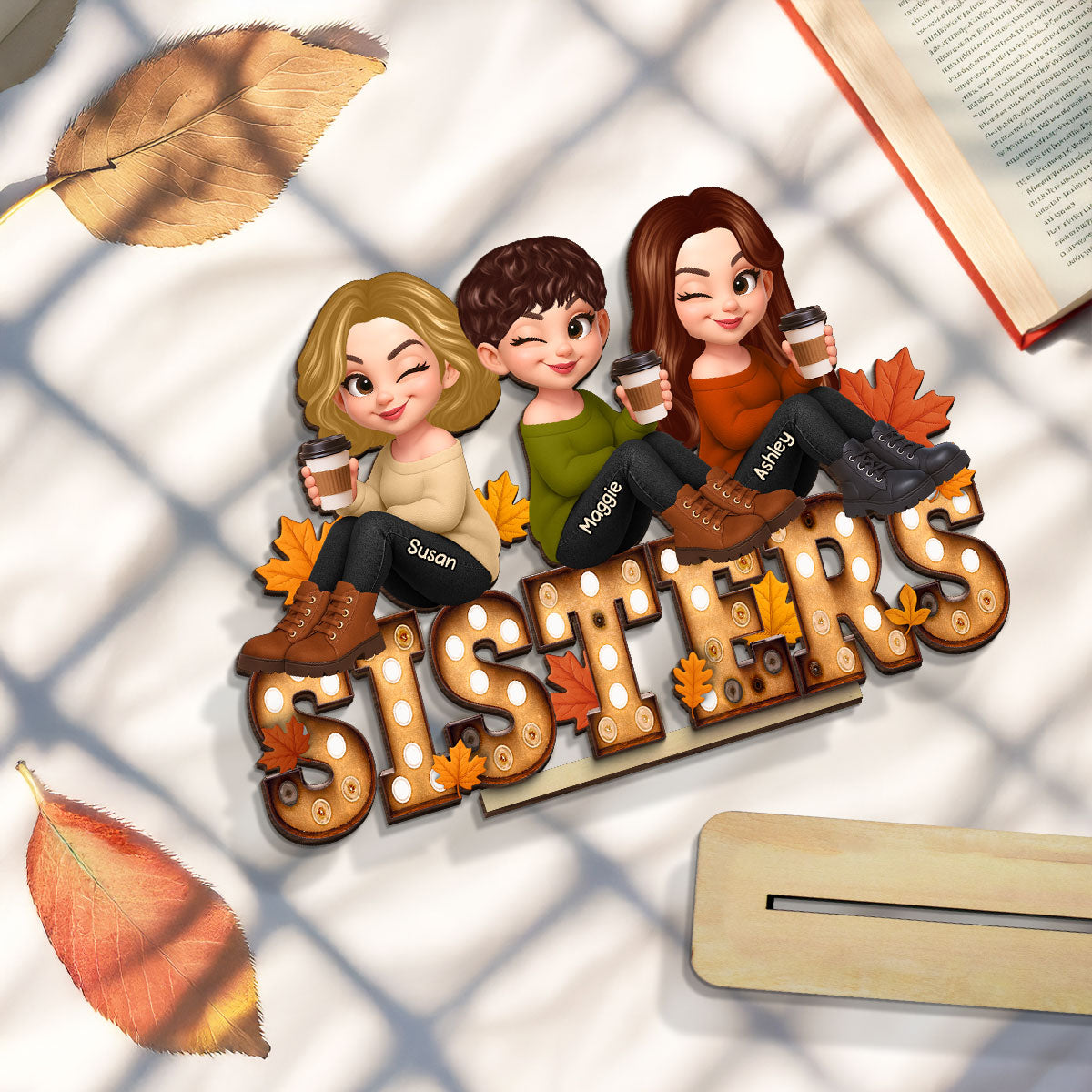 Fall Besties Sitting On Text Marquee Effect - Personalized 2-Layered Wooden Plaque - Meaningful Gift For Best Friend