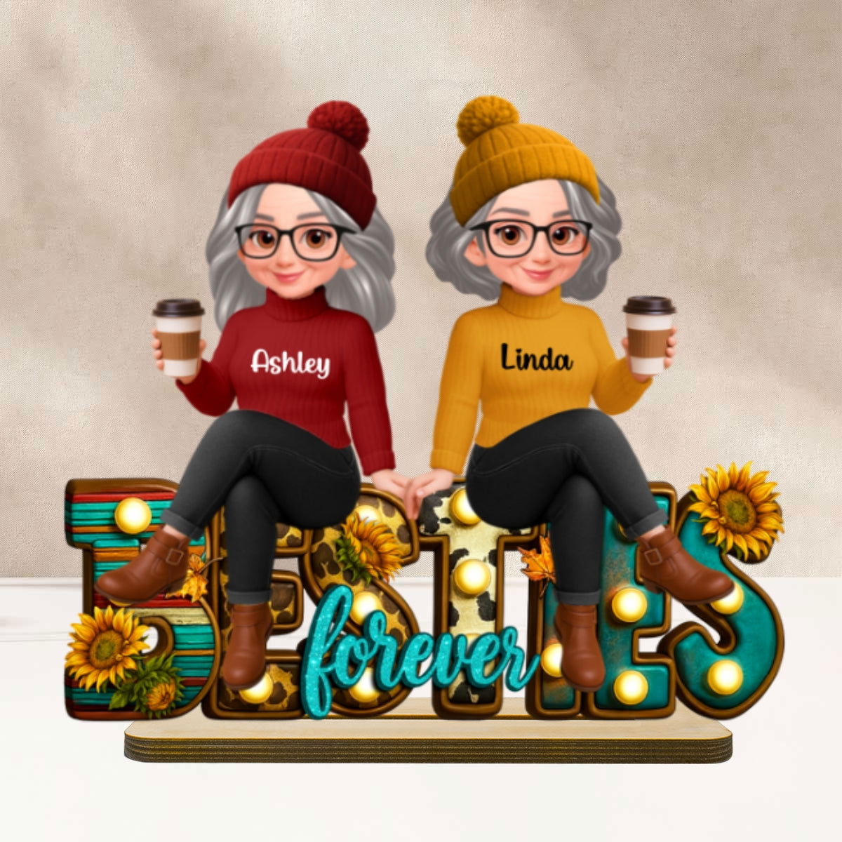Western Fall Vibe Besties Sitting - Personalized 2-Layered Wooden Plaque - Meaningful Gift For Best Friend