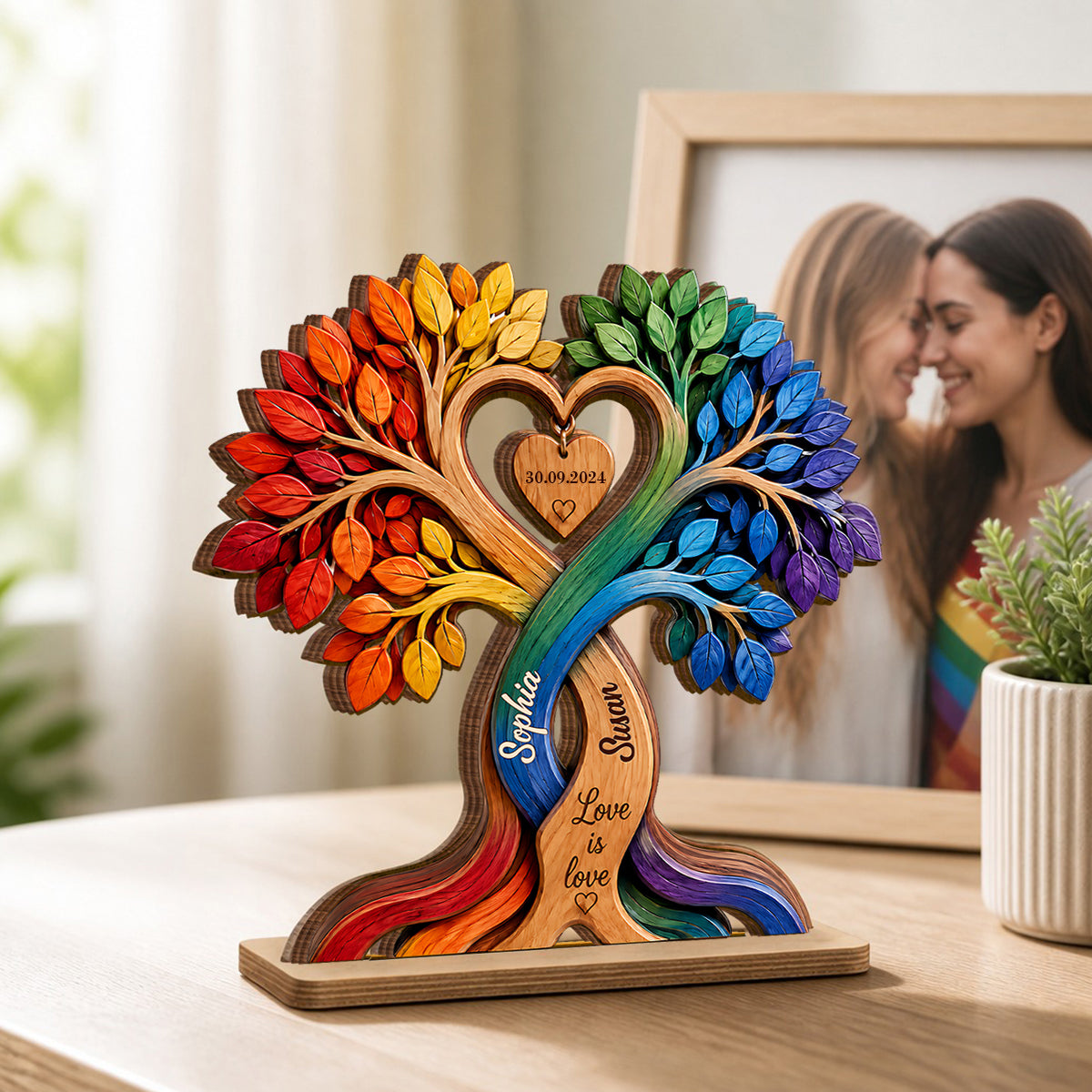 LGBT Couple Heart Tree - Personalized 2-Layered Wooden Plaque - Anniversary Gift for Him, Gift for Her