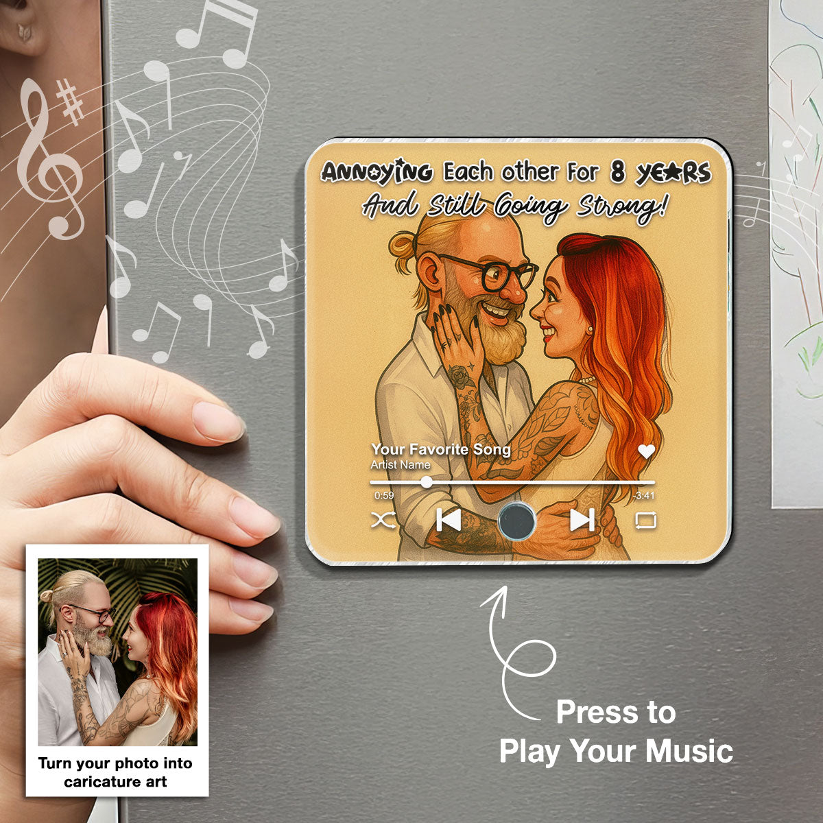 Caricature Couple Photo Personalized Music Fridge Magnet, Anniversary, Birthday, Just Because Gift for him, Gift for her