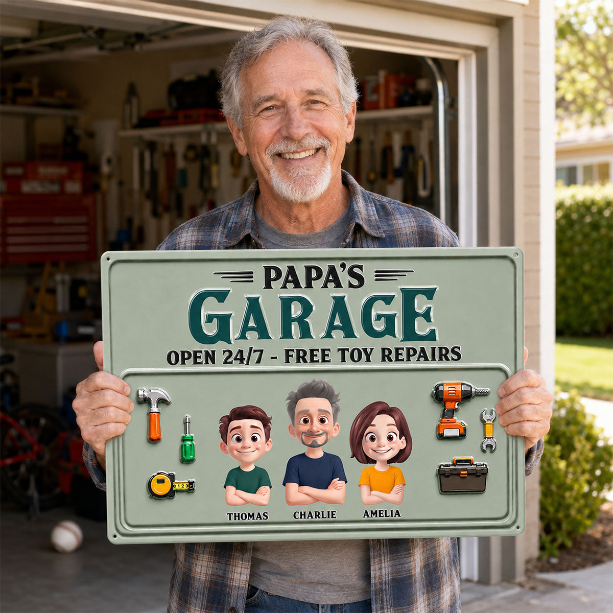 Dad's Garage Open 24/7 Free Toy Repairs - Personalized Metal Sign - Heartfelt Gift For Dad, Grandpa, Husband