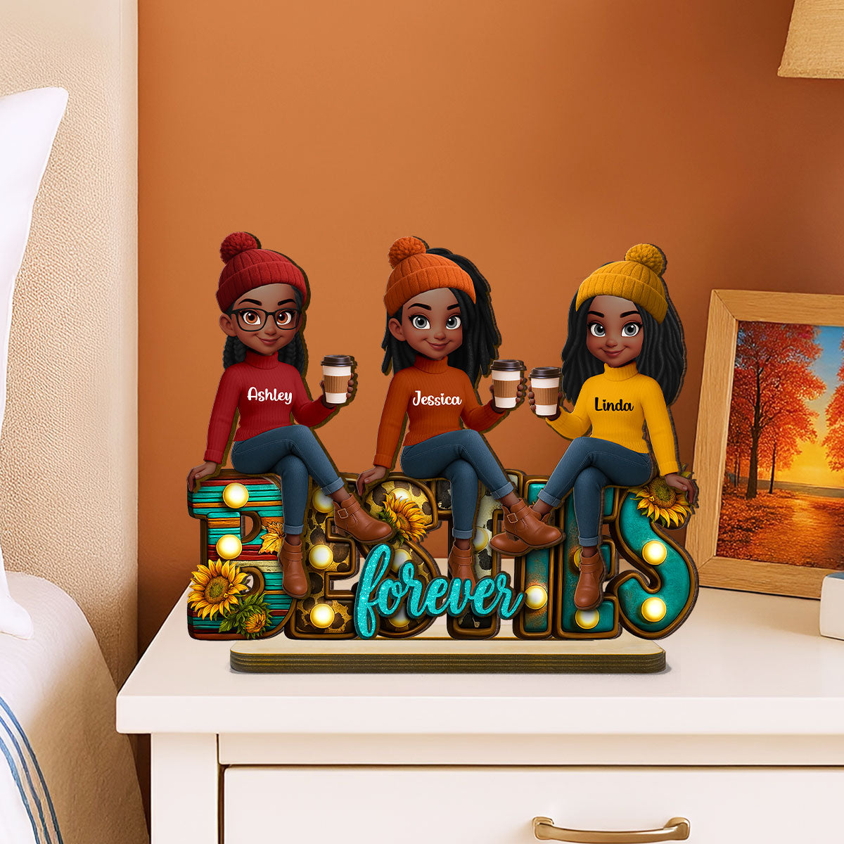 Western Fall Vibe Besties Sitting Personalized Standing Wooden Plaque, Fall Gift for Best Friends