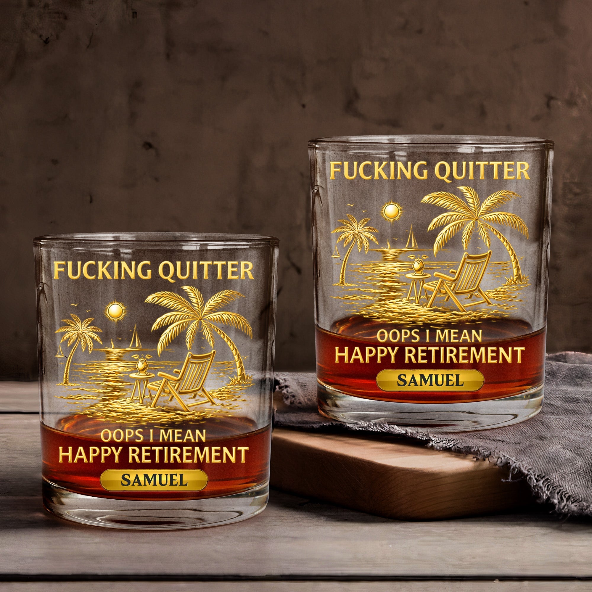 F*Cking Quitter Oops I Mean Happy Retirement - Printed Effect - Personalized Whiskey Glass