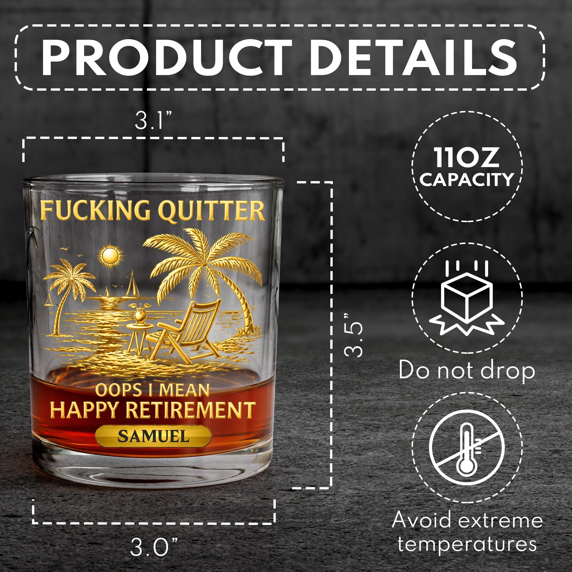 F*Cking Quitter Oops I Mean Happy Retirement - Printed Effect - Personalized Whiskey Glass