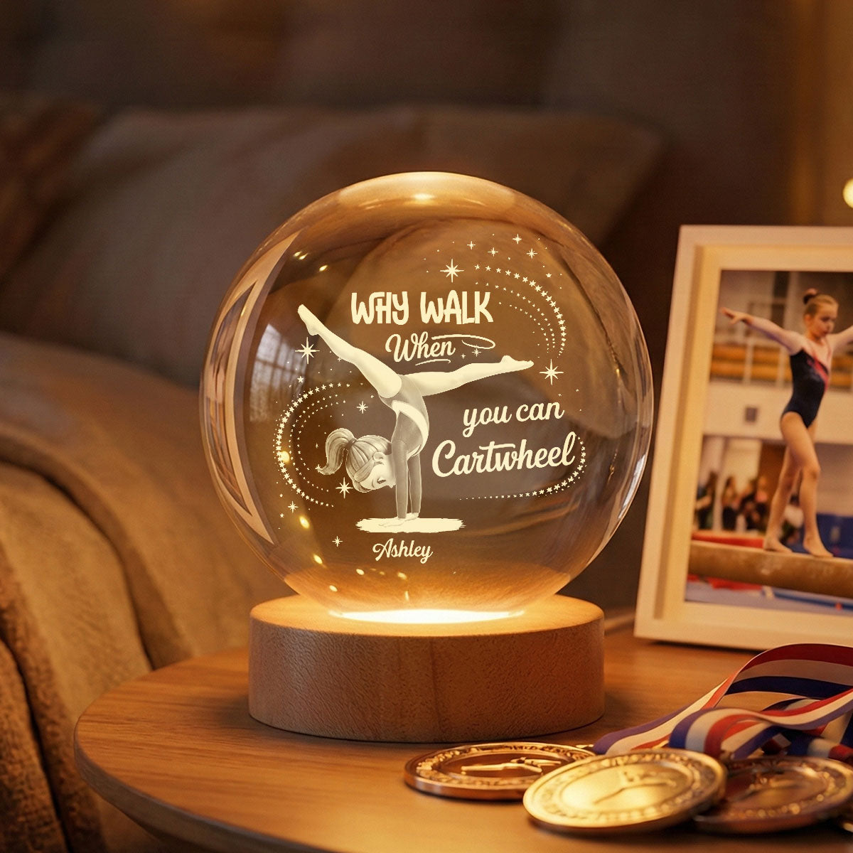 Why Walk When You Can Cartwheel Gymnastic Girl - Personalized Crystal Ball Night Light - Gymnast Gift For Daughter, Granddaughter