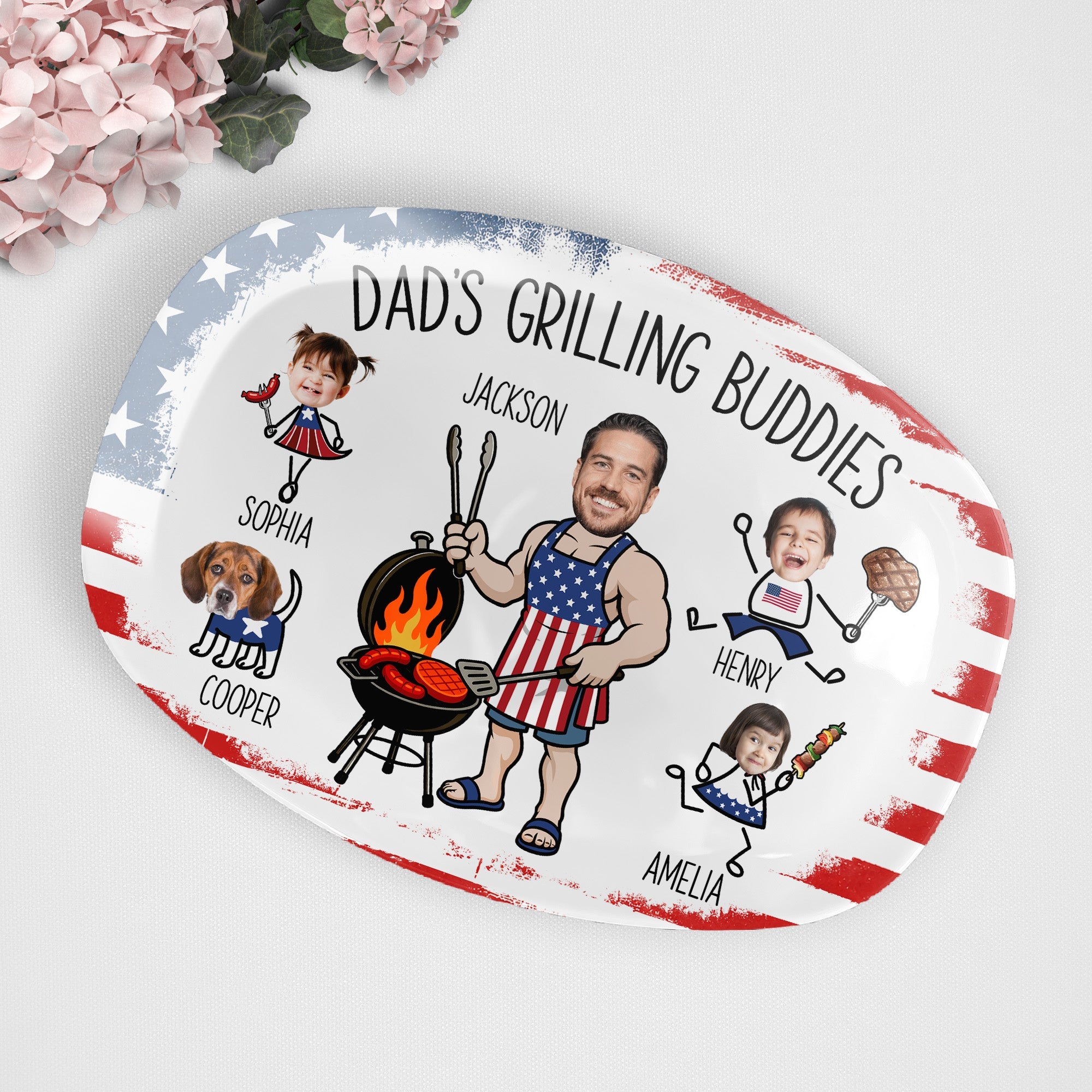 Father's Day Gifts, Dad's Grilling Buddies Custom Kids Faces - Personalized Platter