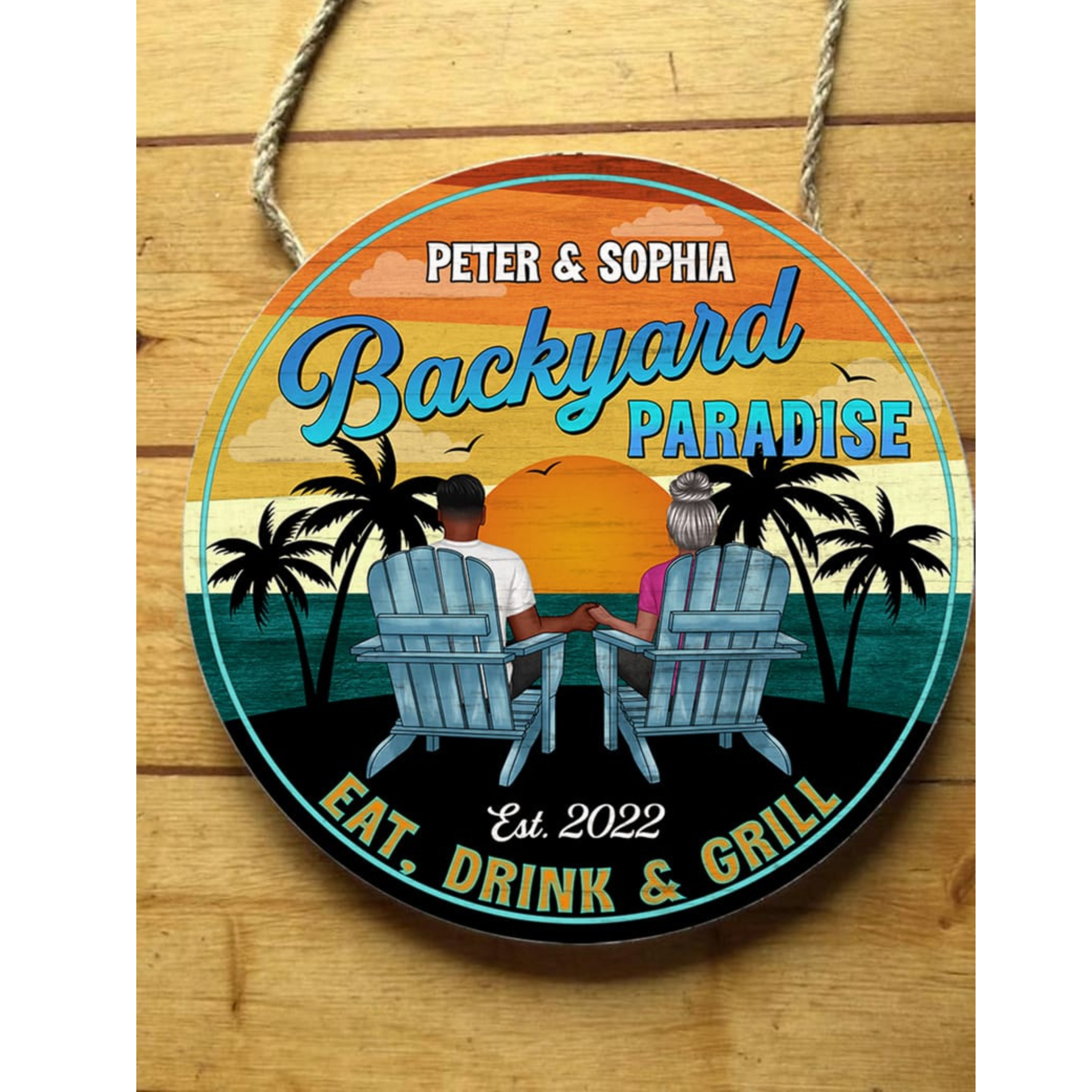 Vintage Backyard Paradise Couple Sitting Personalized Wood Sign, Housewarming, Birthday, Anniversary Gift for Him, Her