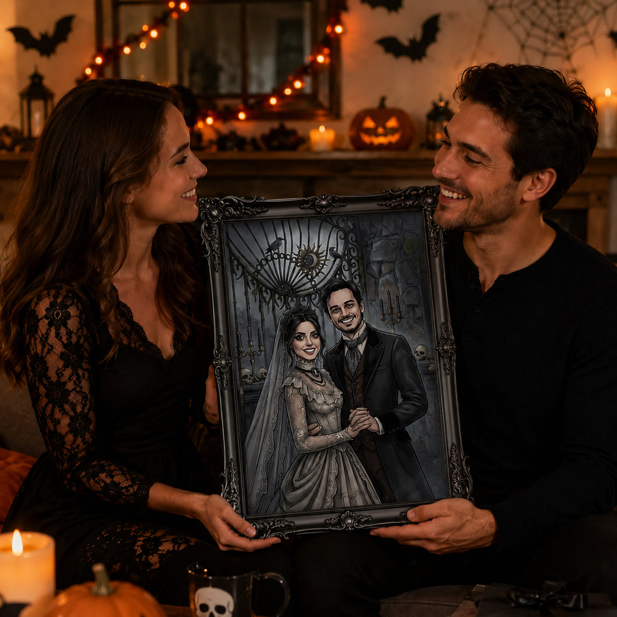 Custom Gothic Couple Portrait from Photo - Personalized Poster - Halloween Decor, Anniversary Gift for Her, for Him