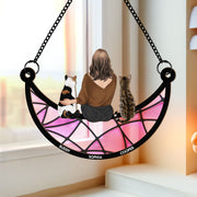 Girl And Cat Sitting On The Moon - Personalized Suncatcher Ornament