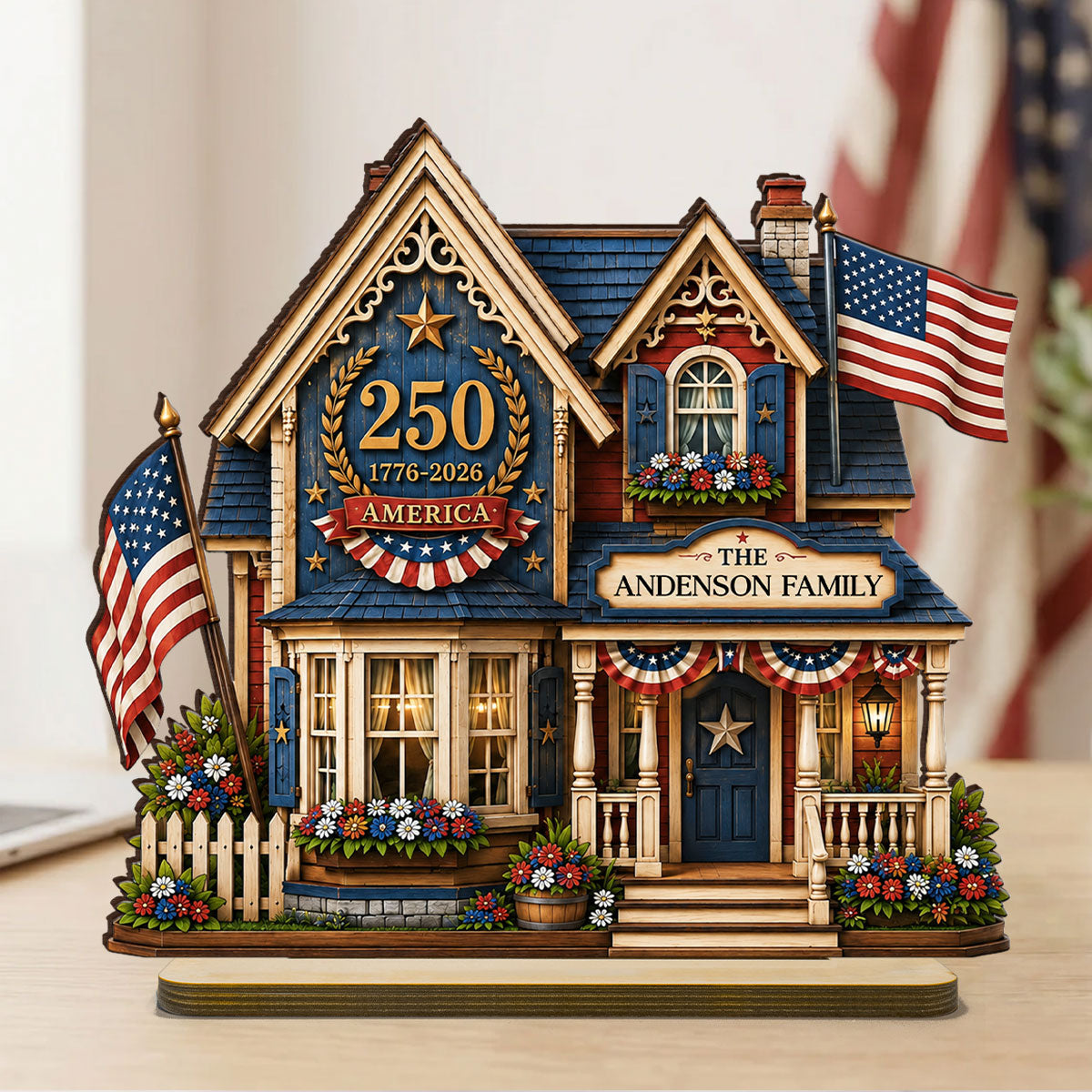 Custom House USA 250th Anniversary - Personalized 2-Layered Wooden Plaque - Patriotic Shelf Decor for Independence Day