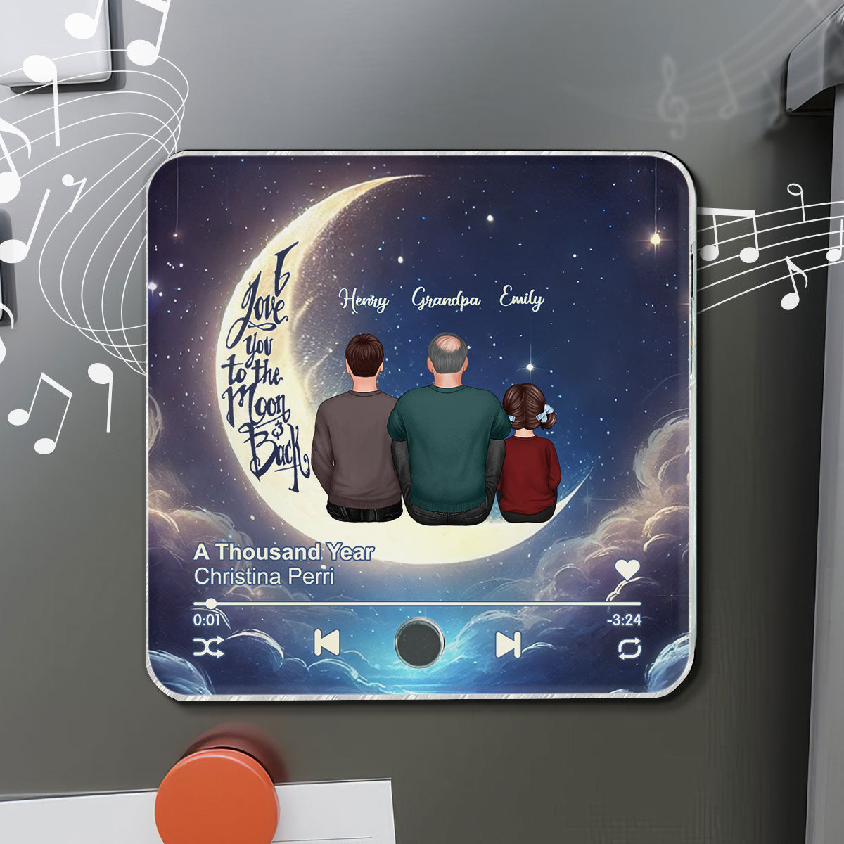 Papa Grandpa & Kids Sitting On Moon Personalized Music Fridge Magnet, Perfect 2025 Father's Day Gift For Husband, For Dad, For Grandpa