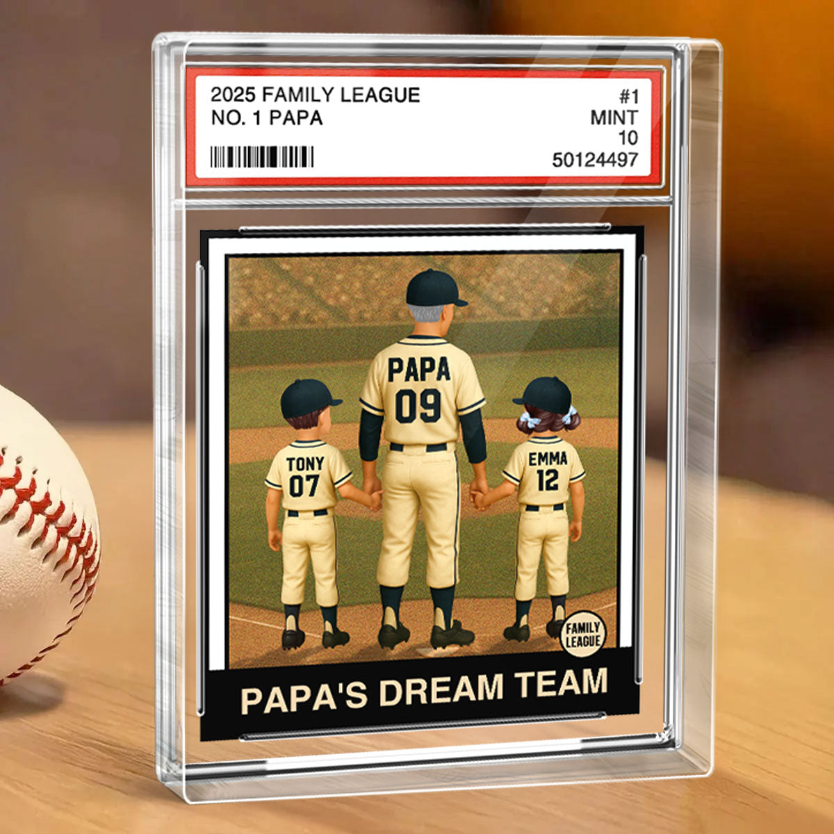Baseball No. 1 Grandpa Man & Kids Trading Card Style Personalized Acrylic Block Plaque