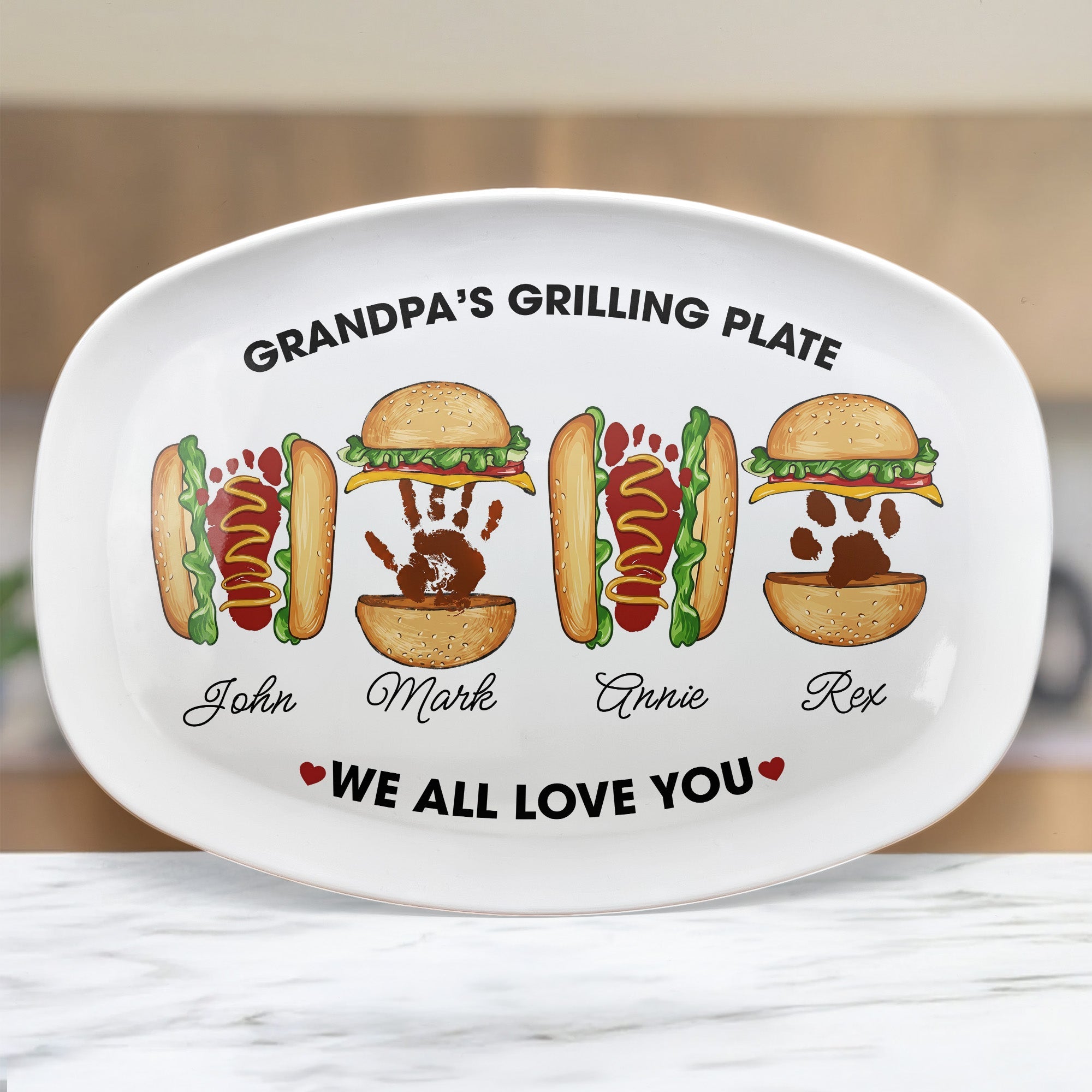 Grandpa's Grilling Plate, Custom Burger Hot Dog Handprint Footprint - Personalized Platter