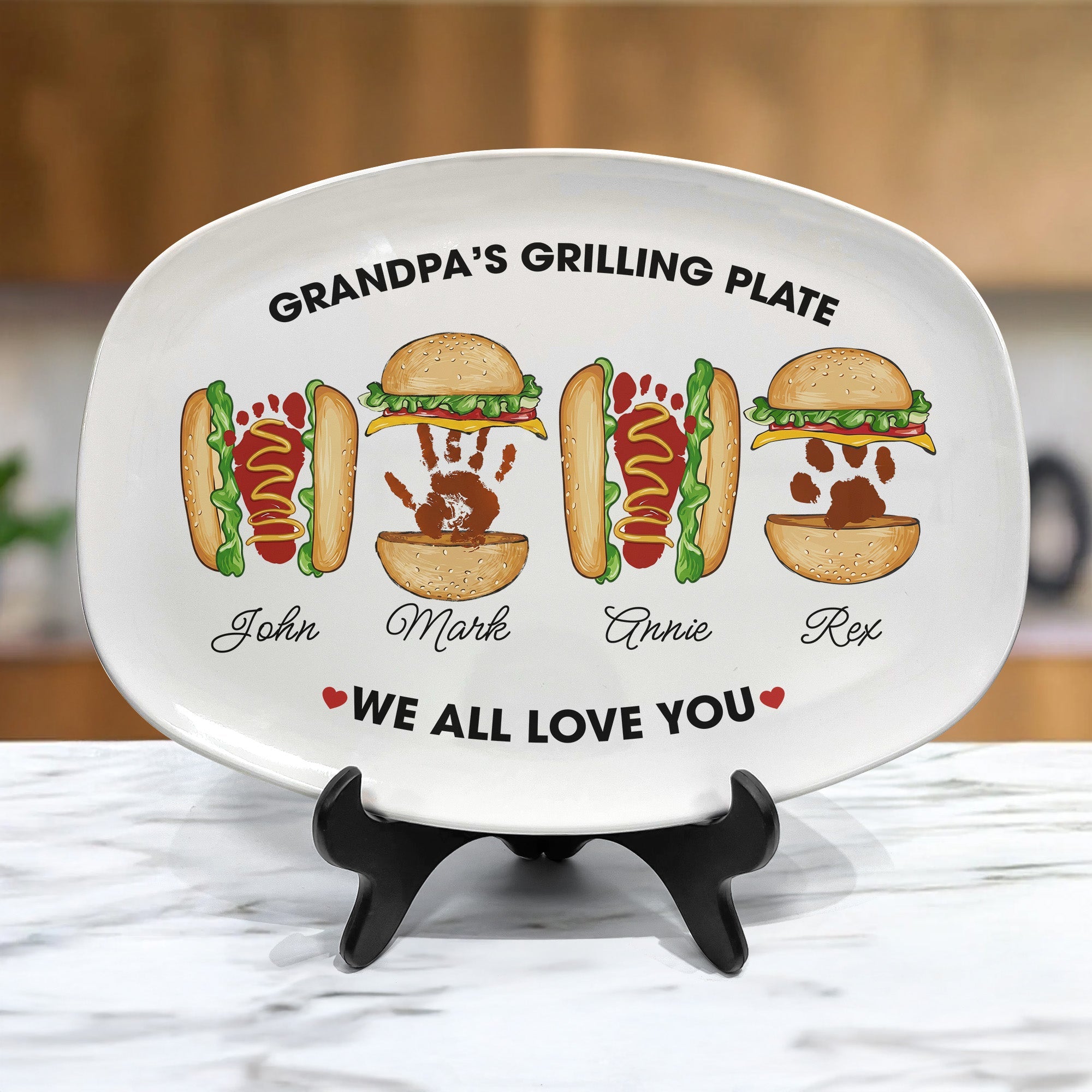Grandpa's Grilling Plate, Custom Burger Hot Dog Handprint Footprint - Personalized Platter
