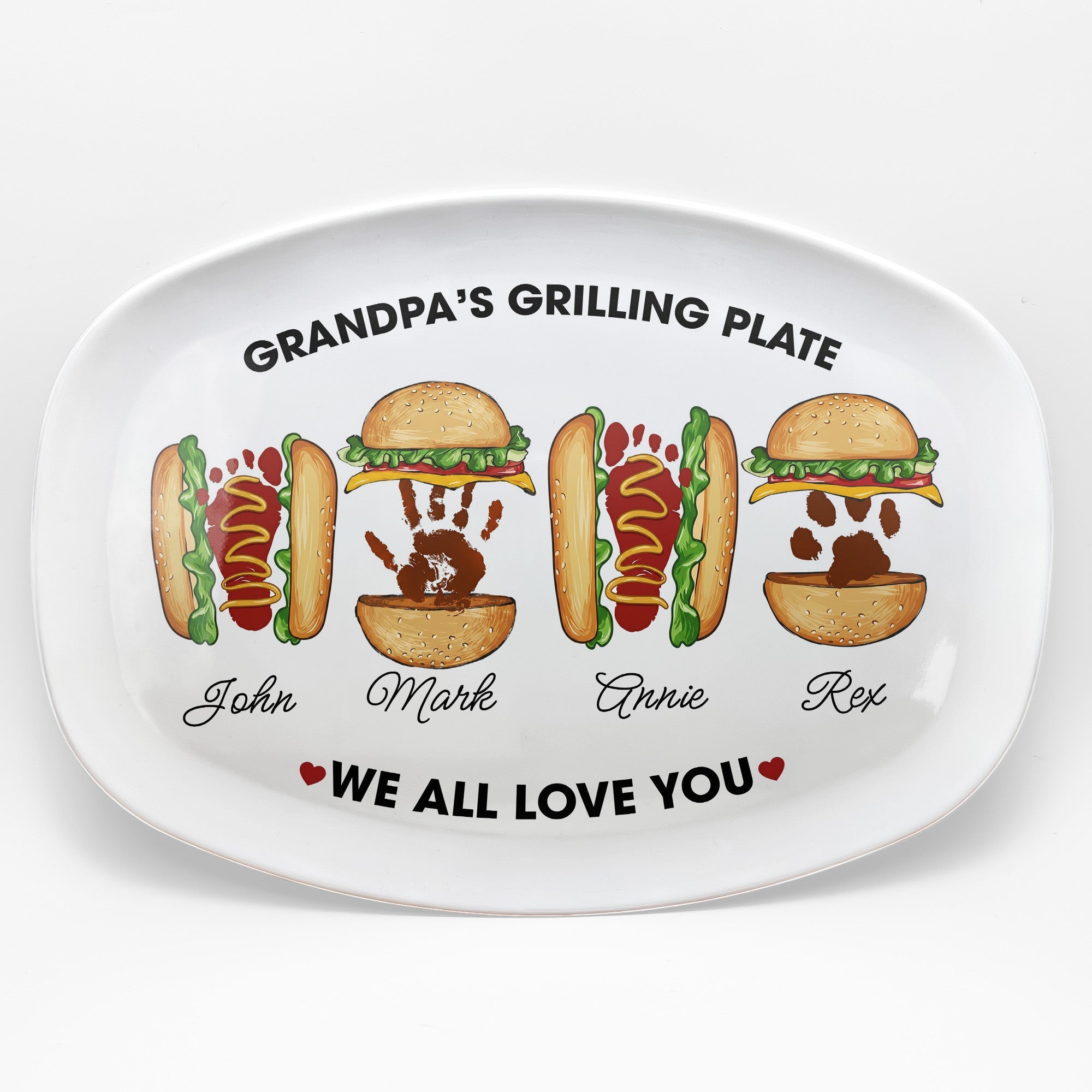 Grandpa's Grilling Plate, Custom Burger Hot Dog Handprint Footprint - Personalized Platter