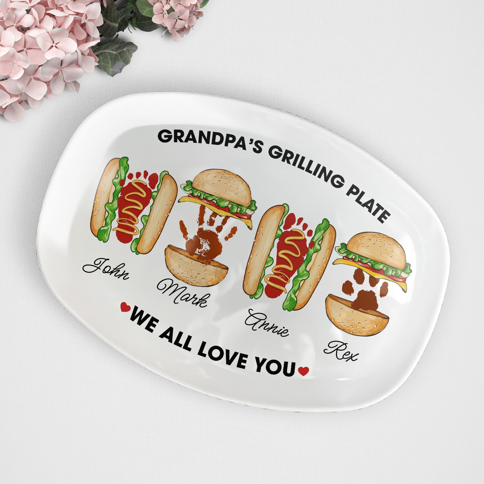 Grandpa's Grilling Plate, Custom Burger Hot Dog Handprint Footprint - Personalized Platter