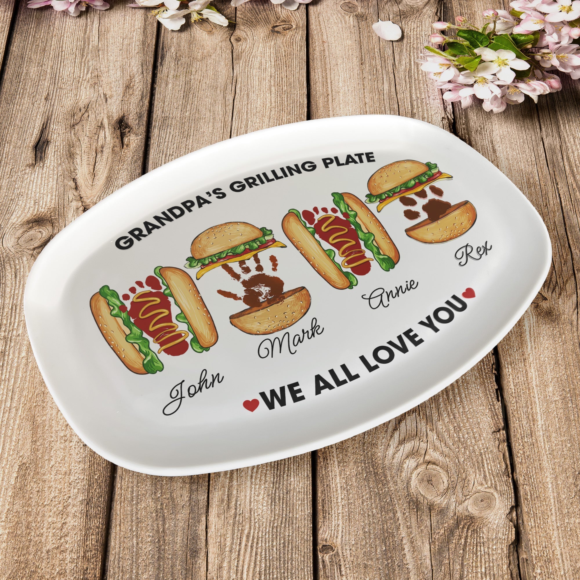 Grandpa's Grilling Plate, Custom Burger Hot Dog Handprint Footprint - Personalized Platter