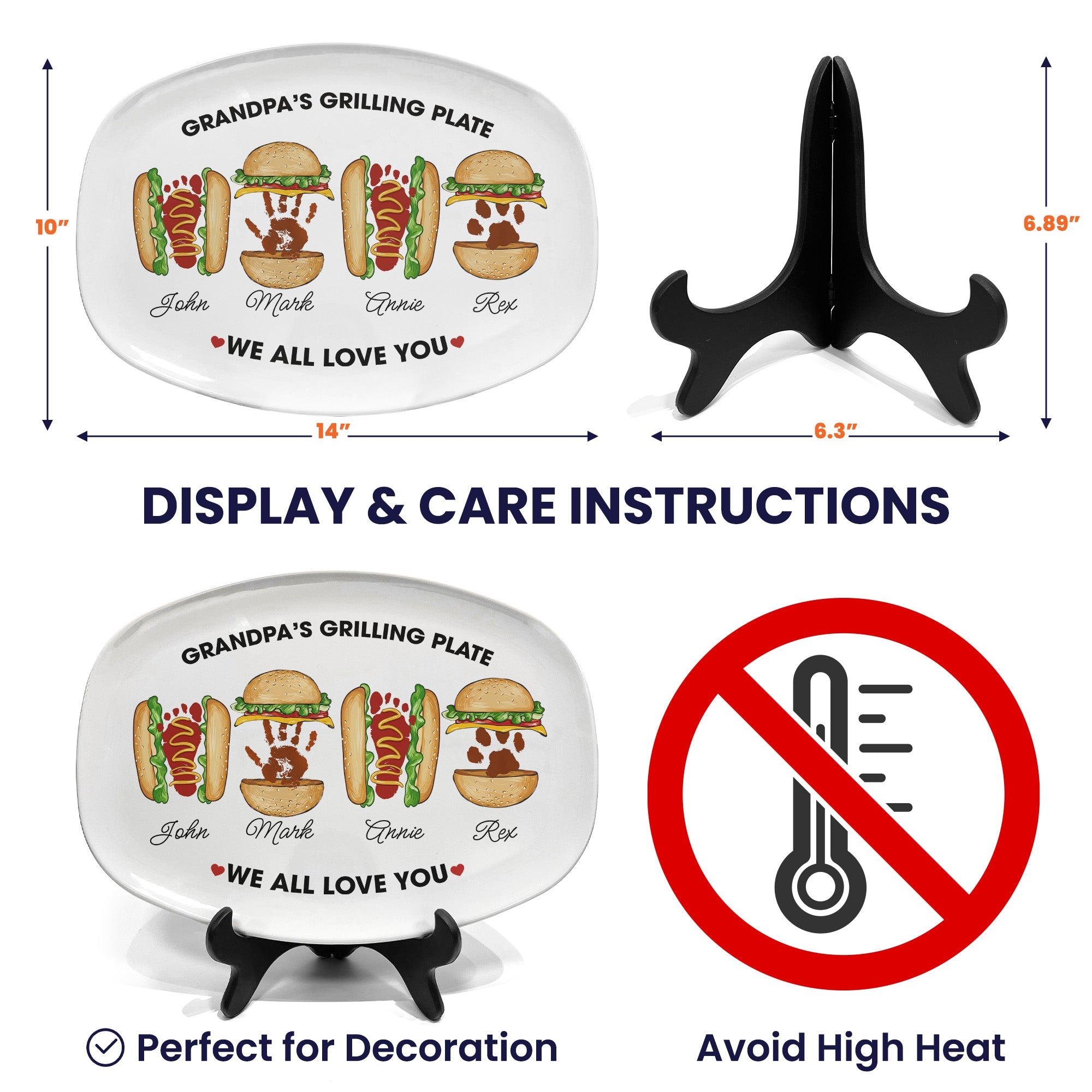 Grandpa's Grilling Plate, Custom Burger Hot Dog Handprint Footprint - Personalized Platter